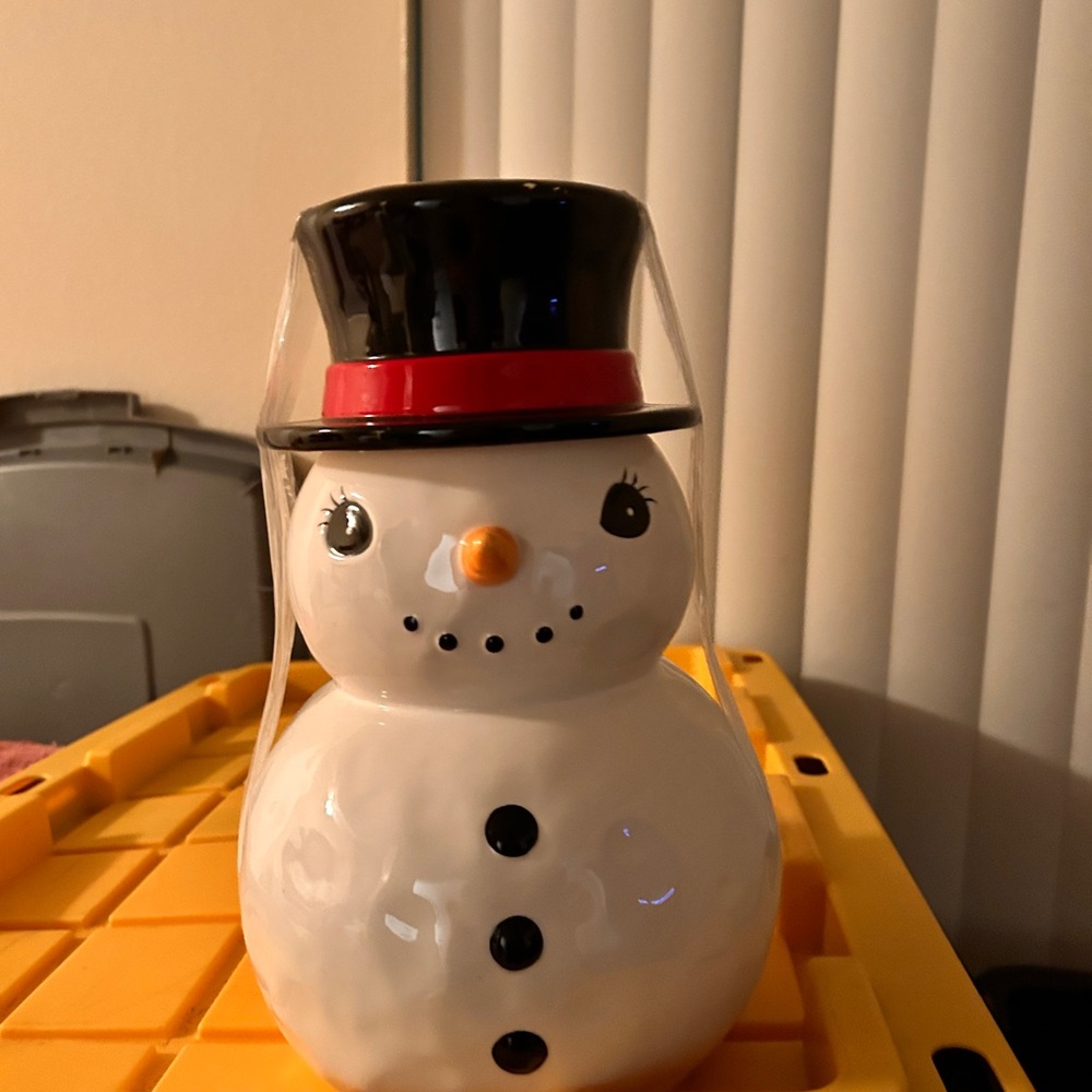 Pottery Barn Festive Snowman Jar with Black Hat and Red Band